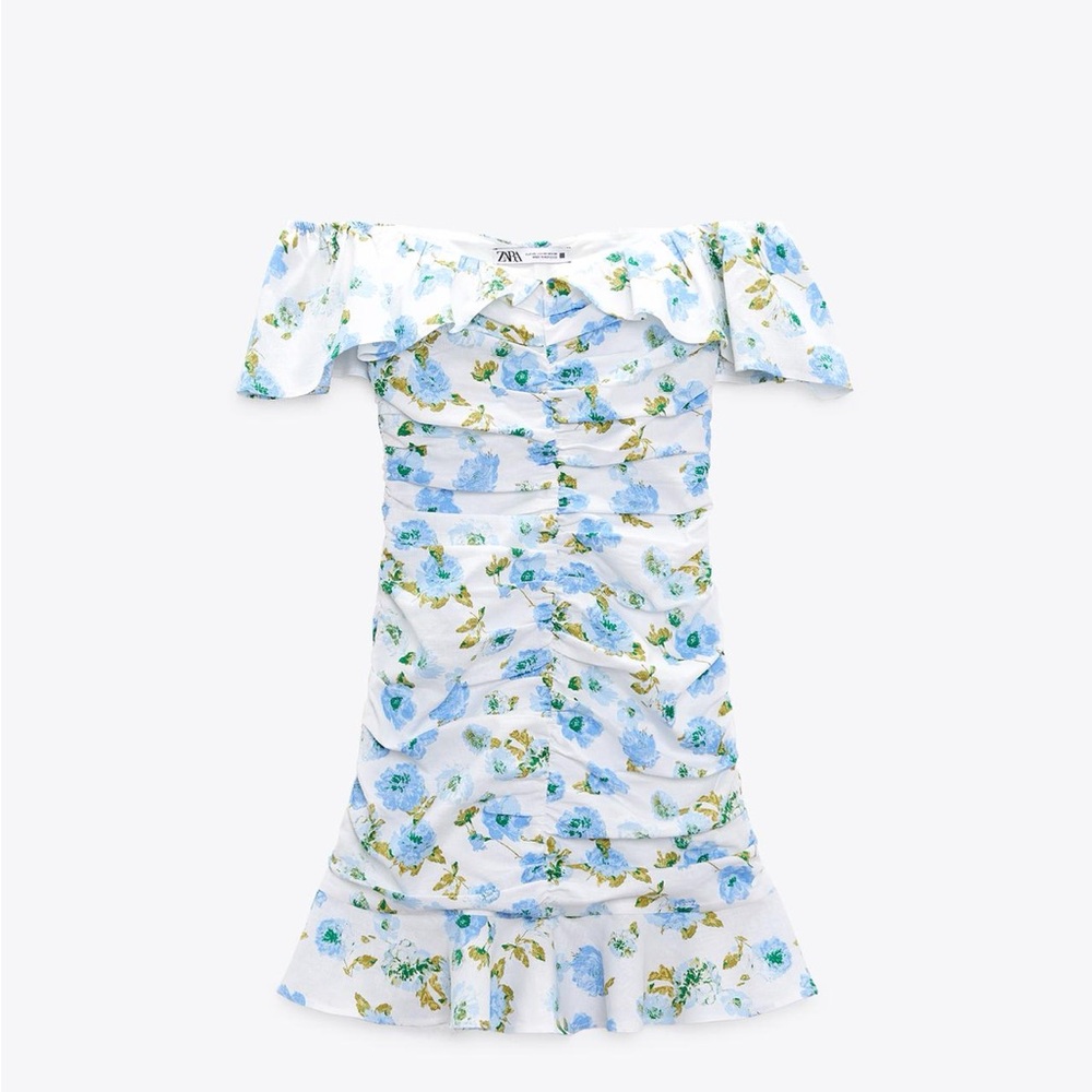 Zara Blue and Green Ruched Ruffled Mini Dress